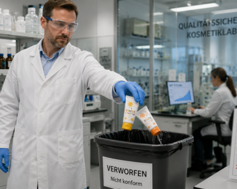 Lab technician in safety goggles and gloves discards nonconforming sunscreen tubes into a waste bin in a cosmetics quality lab (signs read VERWORFEN Nicht konform).