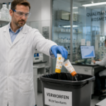 Lab technician in safety goggles and gloves discards nonconforming sunscreen tubes into a waste bin in a cosmetics quality lab (signs read VERWORFEN Nicht konform).