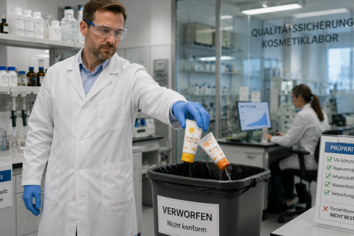 Lab technician in safety goggles and gloves discards nonconforming sunscreen tubes into a waste bin in a cosmetics quality lab (signs read VERWORFEN Nicht konform).