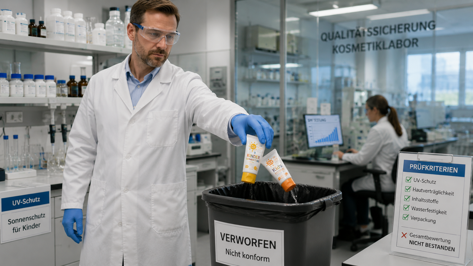 Детские крема исследование - On Duty of Munich Lab technician in safety goggles and gloves discards nonconforming sunscreen tubes into a waste bin in a cosmetics quality lab (signs read VERWORFEN Nicht konform).